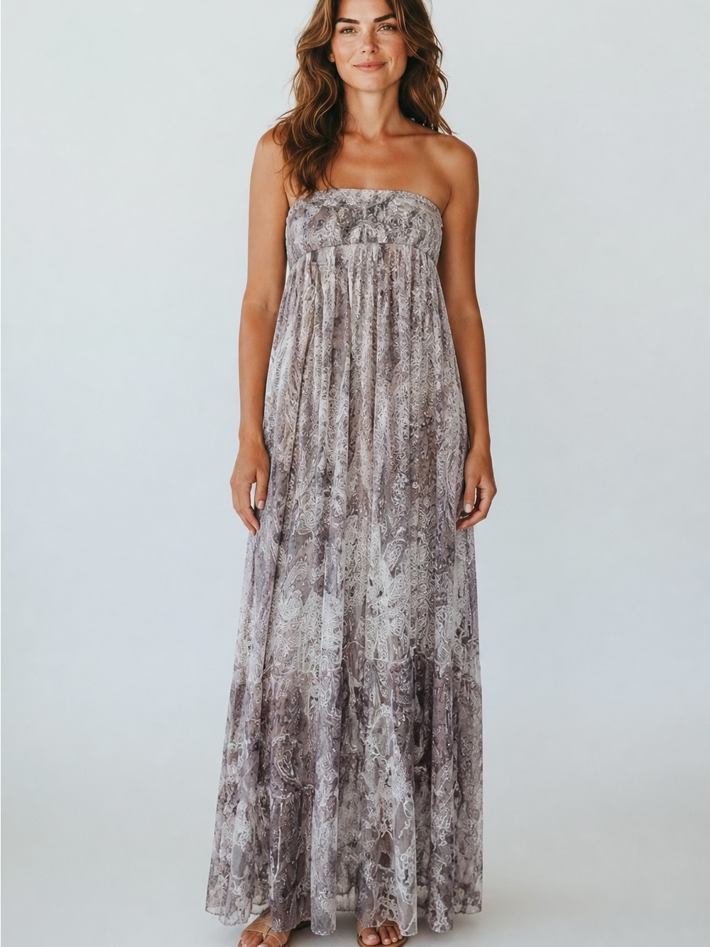 Anthropologie Lapis Paisley Lace Strapless Maxi Dress size L
